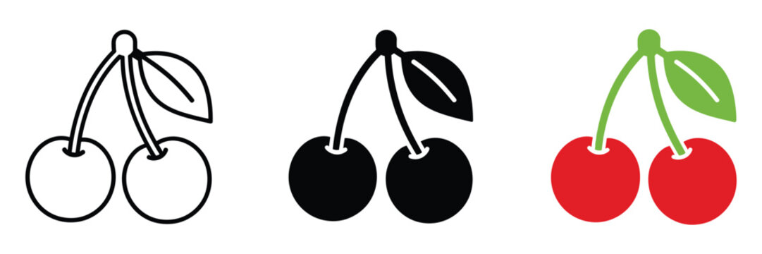 Three cherry fruit vector icon designs in outline silhouette and color style