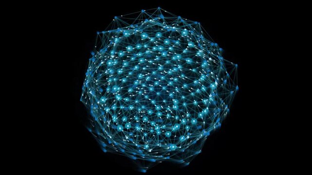 Glowing particles and interconnected structures creating a futuristic artificial intelligence technology.
