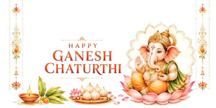 Happy Ganesh Chaturthi - Simple Rectangular Frame with Festive Floral Corners