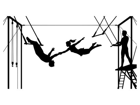 Circus Trapeze Act Silhouette Vector, Aerial Acrobatics Graphic