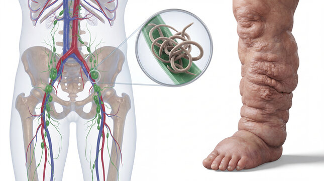 Lymphatic filariasis and elephantiasis leg pathology in a detailed medical 3D render showing filarial worms blocking lymph vessels with severe lower limb swelling for healthcare education
