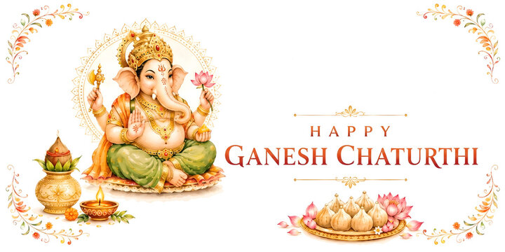 Happy Ganesh Chaturthi - Clean Greeting Frame with Small Diya and Lotus Motifs