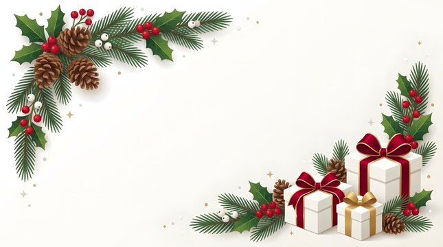 Christmas background vector illustration with pine branches cones gift boxes and red berries
