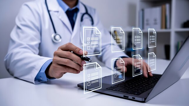 Medical professional utilizing digital document management systems on a laptop for efficient clinical records and patient data administration