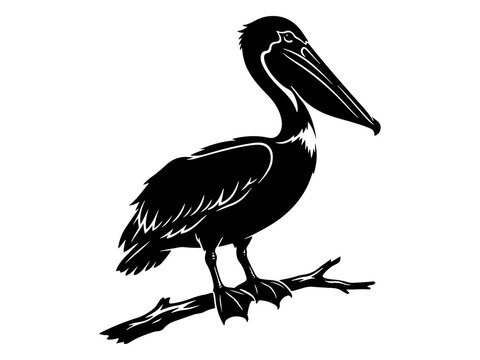 Perched Pelican Bird Vector, Coastal Wildlife and Seafowl Graphic