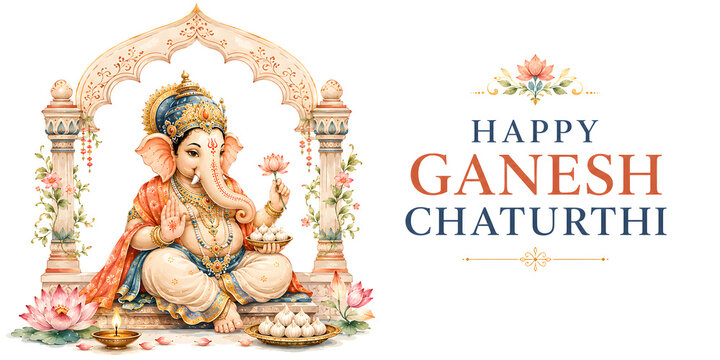  Happy Ganesh Chaturthi - Divine Lord Ganesha Illustration with Floral Wreath Frame