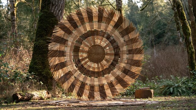Circular woven sculpture in sunlit forest glade with natural wood textures
