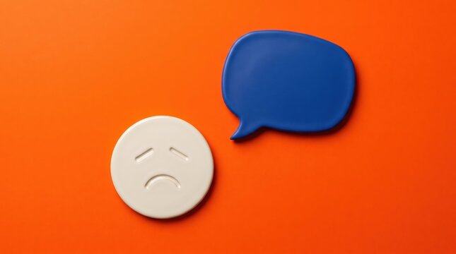 Sad white emoji face icon displayed next to an empty blue speech bubble on a vibrant orange background capturing a feeling of disappointment or silent communication in minimalist style photography