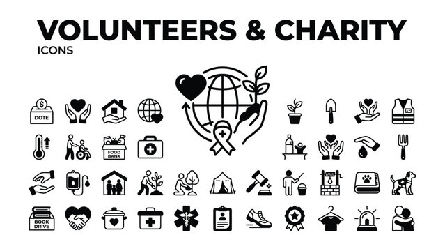 Diverse Icons for Volunteers & Charity: A comprehensive collection of black and white icons representing various aspects of volunteering and charitable work, including donation, help, home.