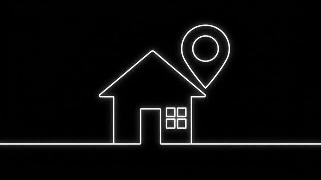 Glowing neon house icon with a location pin on a black background