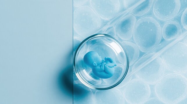 Tiny fetus model inside a glass tube, featuring a matte blue finish and smooth resin texture against a cellular background for science and research