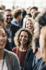 Obraz premium Happy professionals meet and connect at a business fair exhibition, creating a relaxed first impression during a lively trade show event.