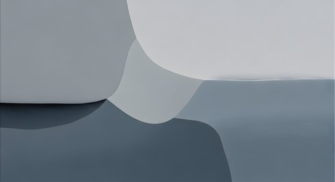 Minimalist abstract forms in cool grey and deep blue tones define a serene horizontal backdrop.
