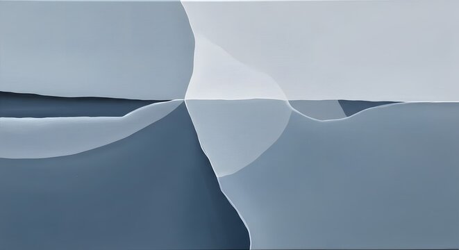Abstract shapes in blue and grey create a minimal modern landscape composition.