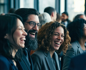 Obraz premium Happy professionals meet and connect at a business fair exhibition, creating a relaxed first impression during a lively trade show event.