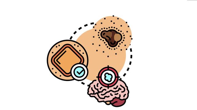 Malignant growth excision treatment icon a skin lesion, a treated wound, and a brain tumor, symbolizing various medical procedures for removing harmful tissues