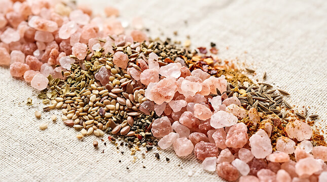 Assortment of Pink Himalayan Salt, Seeds, and Spices on Burlap