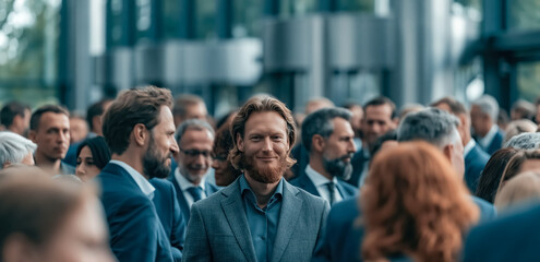 Obraz premium Happy professionals meet and connect at a business fair exhibition, creating a relaxed first impression during a lively trade show event.