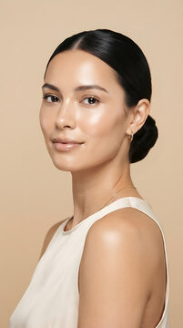 Portrait of a young Hispanic woman with hair in a bun wearing a white top against a beige background