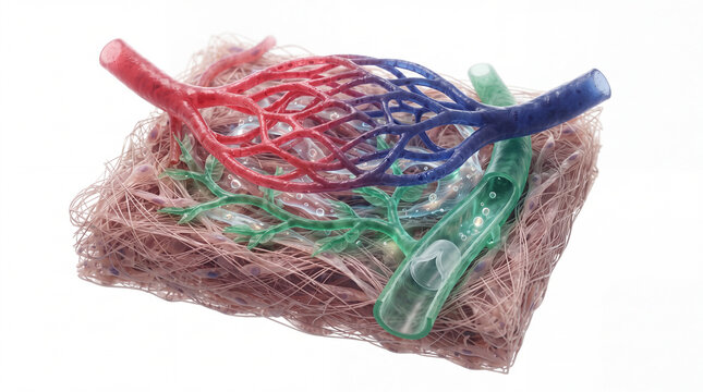 Capillary network on biological tissue scaffold showing red and blue blood vessels, venous valve, and cellular matrix in detailed 3D render for medical research and histology