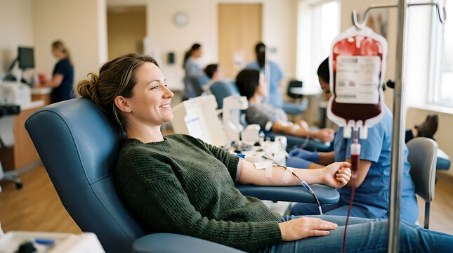 woman donating blood at a healthcare facility with medical staff and patients in the background