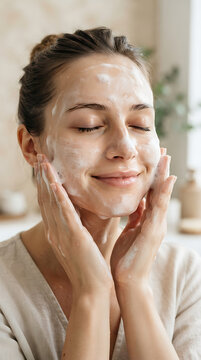 Portrait of a young Caucasian woman with facial cleanser foam applying skincare in a bright bathroom
