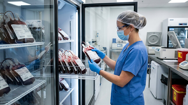 Healthcare professional inspecting blood units in a refrigerated storage area for blood bank or laboratory setting