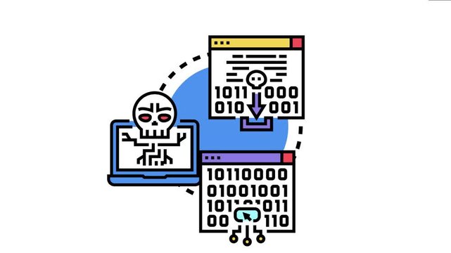 Malicious intermediary attack concept data interception and cyber threat activity with skull and binary code symbols over networked computing devices