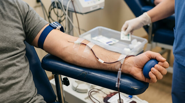 Medical procedure of blood donation or blood test in a clinical setting with a patient lying on a supported chair receiving