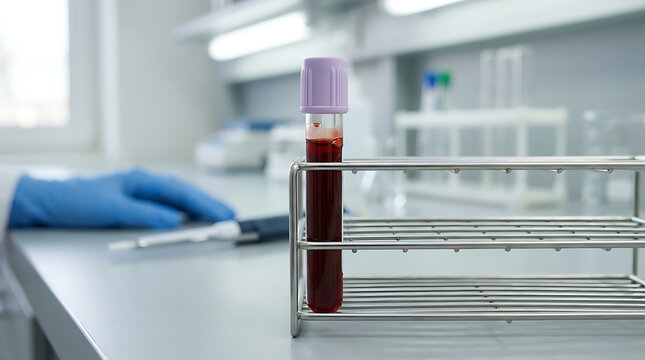 laboratory test tube filled with blood sample on stainless steel rack in clinical setting for medical diagnostics and research