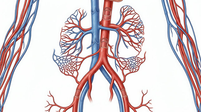 Detailed anatomical illustration of human renal circulatory system highlighting kidneys and blood vessels for educational