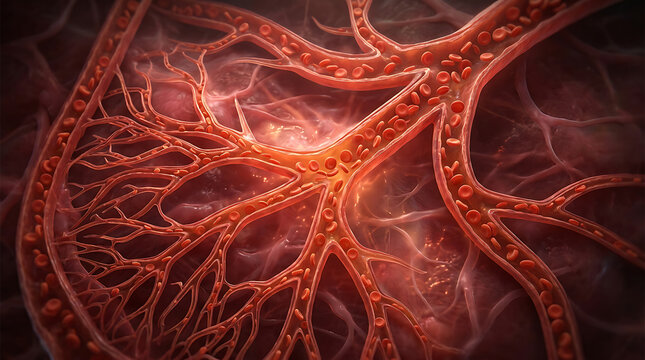 Intricate digital rendering of a human vascular system highlighting blood vessels and capillaries in vivid colors illustrating