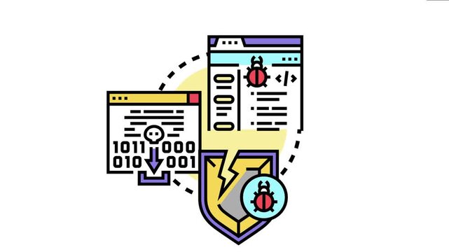 Malicious defacement concept depicting a cyberattack with a bug affecting website code, corrupting digital data, and breaking a security shield, a significant online threat