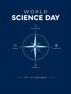 World science day compass illustration with icons for biology chemistry physics and mathematics
