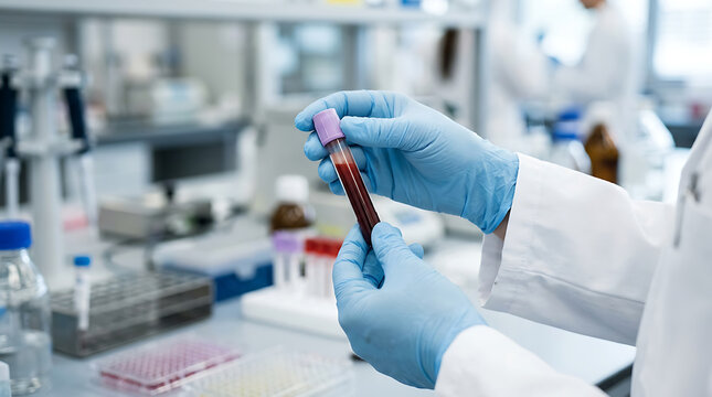 Laboratory technician examining a test tube with blood sample in a scientific research lab setting