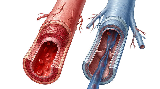 Detailed anatomical illustration of human arteries and veins with cross-sectional views highlighting blood flow and vessel