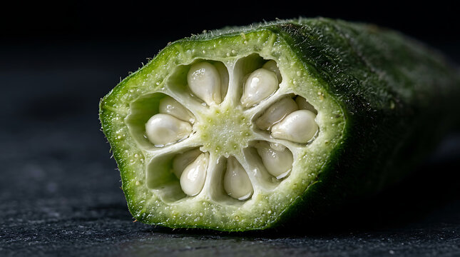 Okra cross-section, healthy vegetable with white seeds, macro shot, dark background