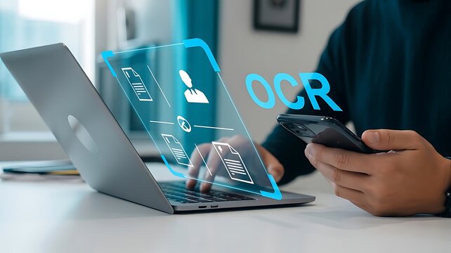OCR Optical Character Recognition technology concept with man typing on laptop and using smartphone to scan documents