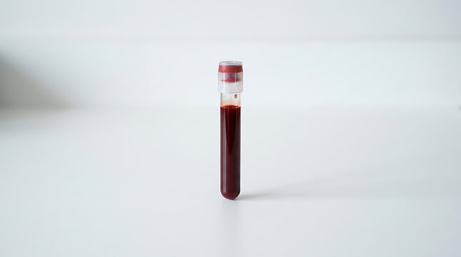 Close-up of a blood sample test tube filled with dark red blood against a plain white background showing medical and laboratory
