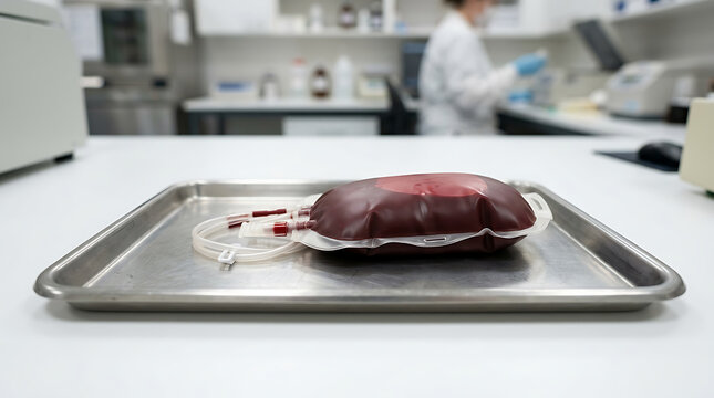 Medical blood bag resting on a stainless steel tray in a clinical laboratory environment with a blurred background of a