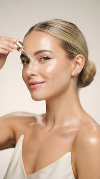 Close-up portrait of a young Caucasian woman applying facial serum with a dropper in a studio setting