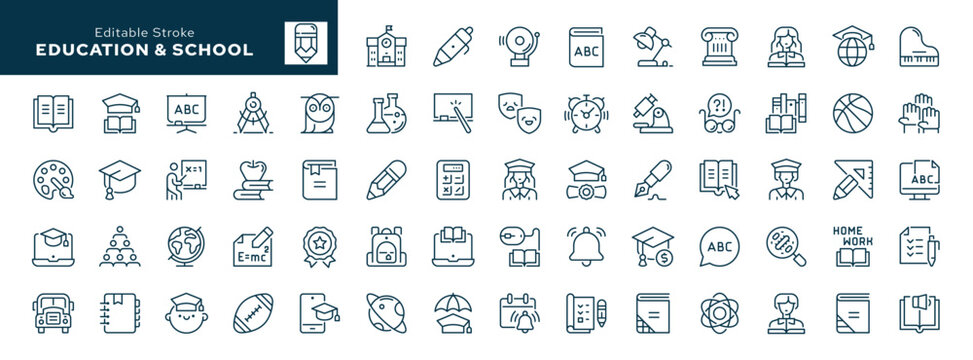 Education and school outline icons. Alphabet, book, lesson, school supplies, student and teacher. Line icon in linear style. Vector collection