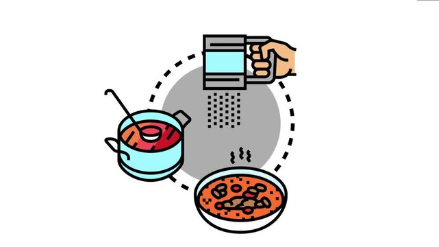 Hand pouring ingredients into a pot, stirring a meal with a ladle, and serving finished food in a bowl, the entire cooking process from raw ingredients to a prepared culinary product