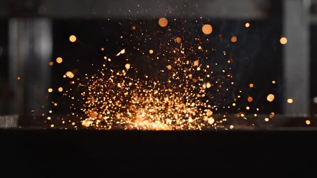 Golden sparks flying from industrial metal welding in dark workshop.