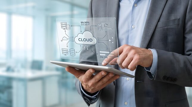 Man holding tablet displaying cloud computing network diagram illustration