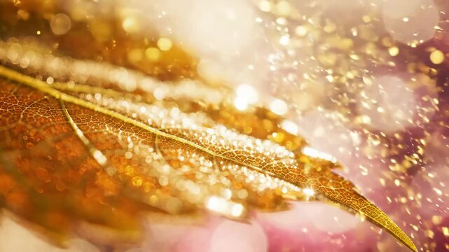 Golden Leaf Sparkle: A close-up of a golden autumn leaf, dusted with sparkling glitter, creating a magical and festive atmosphere.