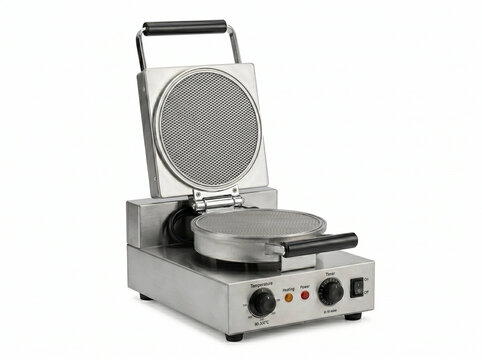 Stainless steel waffle maker with a round plate and open lid, ideal for creating delicious breakfast treats, representing the concept of an ice cream shop.  