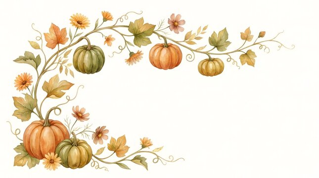 Watercolor autumn pumpkin border illustration with orange and green gourds and floral leaves