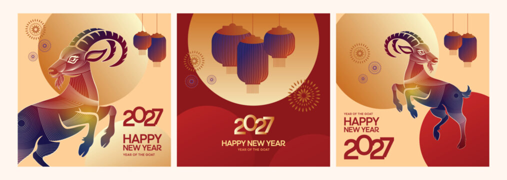 2027 Goat Year Set. Abstract modern vector illustrations of Chinese New Year designs for 2027. Lanterns, goat, firework and traditional elements for icons and print