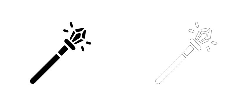 Magic wand staff with crystal vector icon filled and outline, wizard staff and rpg item symbol.